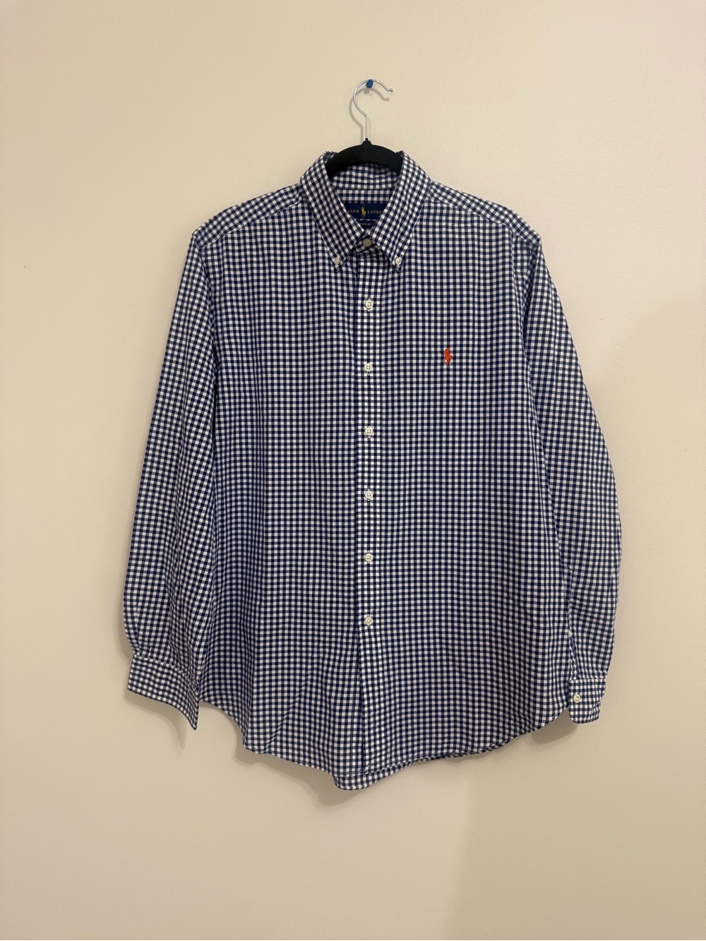 Ralph Lauren Size L Blue/White Gingham Oxford Long-Sleeve Button Down Shirt EUC